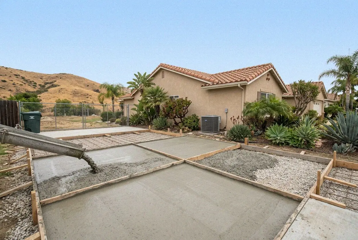 A new concrete patio behind a 1990s townhome in Aliso Viejo