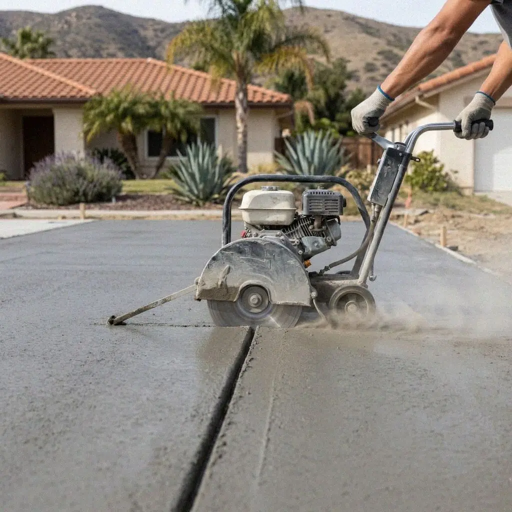 Diamond blade cutting wet through a concrete patio in Mission Viejo