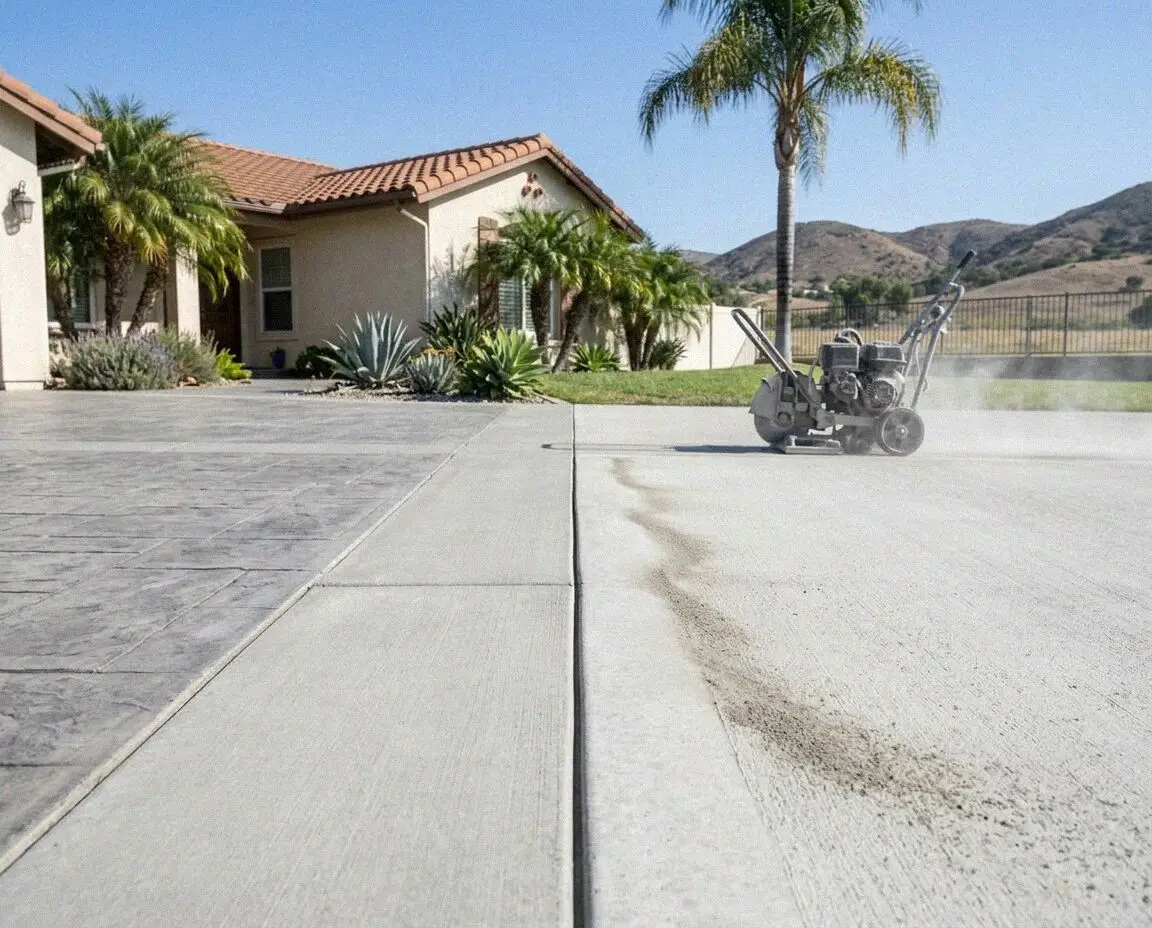 Walk-behind saw part way down a Mission Viejo slab, the joint behind it