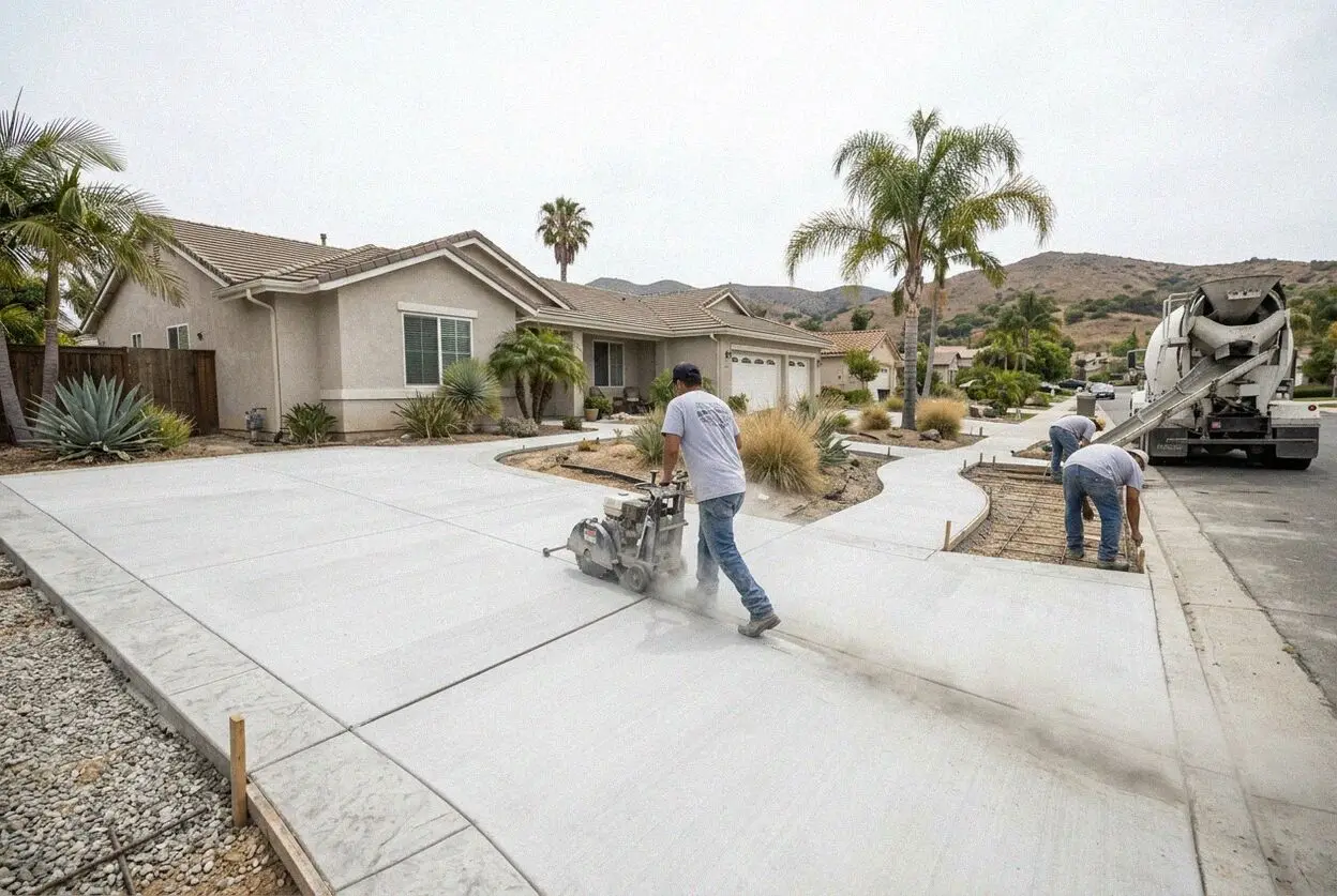 Walk-behind saw cutting a trench line across a side yard walk in Mission Viejo