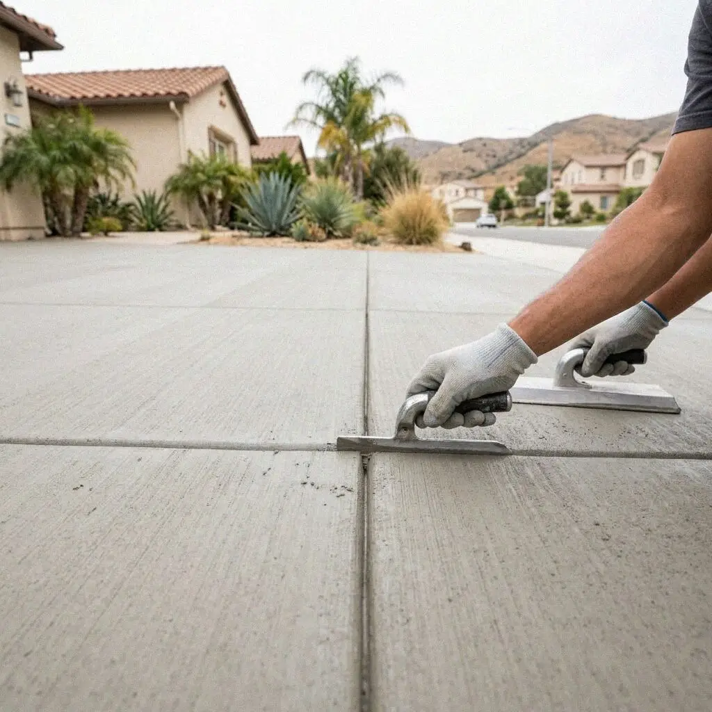 Hands cutting a control joint in a fresh driveway slab in Mission Viejo