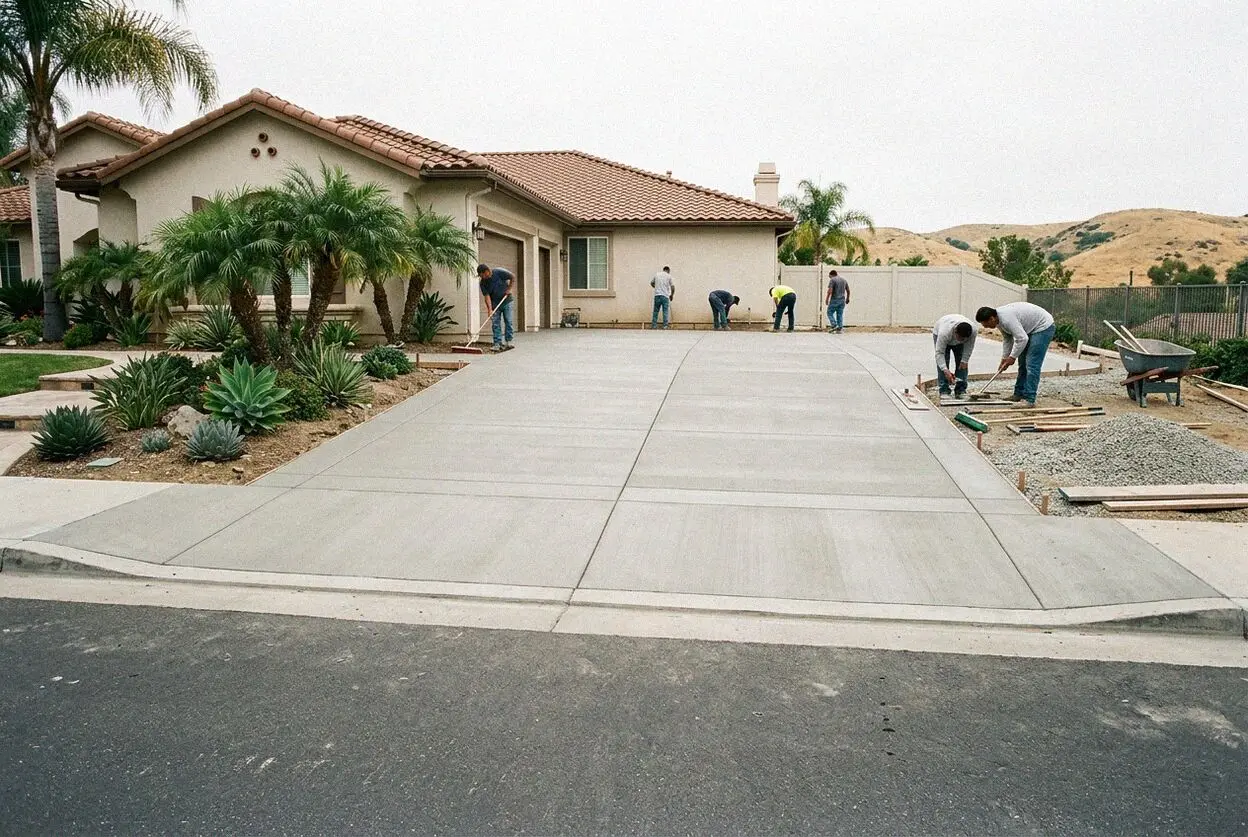 Crew screeding a widened concrete driveway at a Mission Viejo tract home