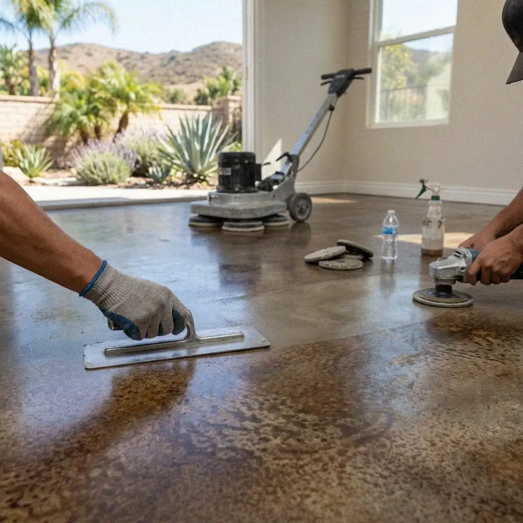 Hands troweling a fresh concrete floor inside a Mission Viejo addition