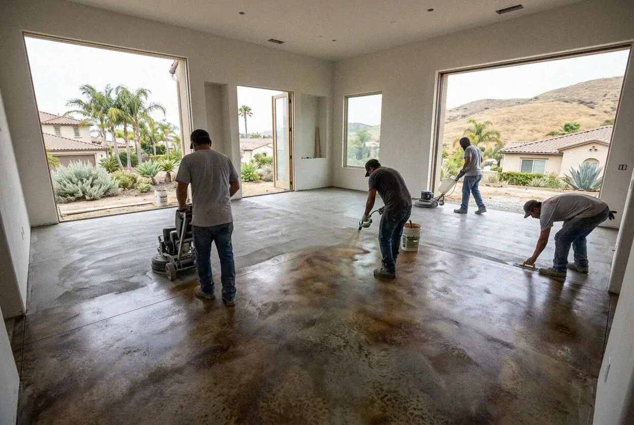 Crew screeding a new concrete floor for an addition at a Mission Viejo home