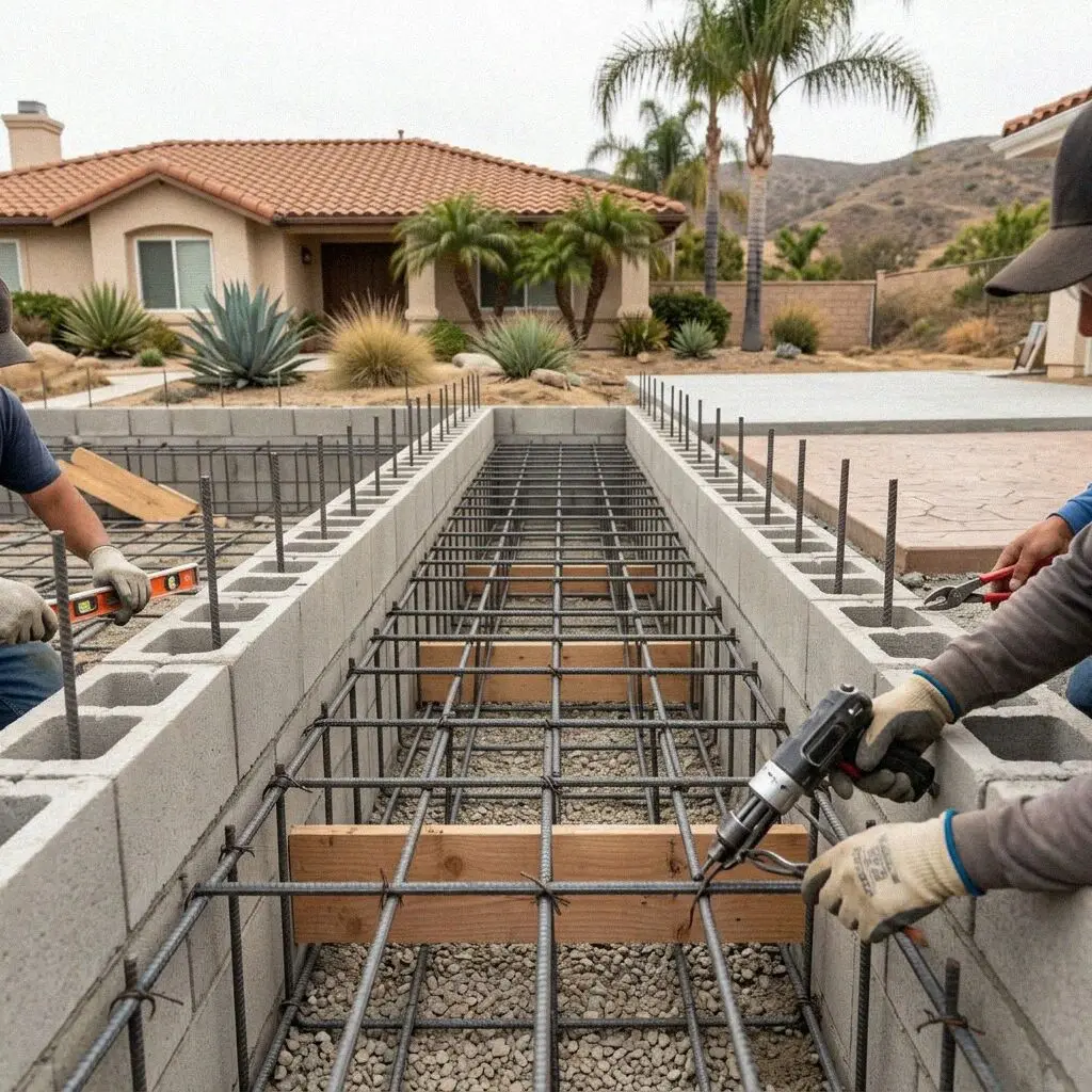 Hands tying a rebar cage in a footing trench on a Mission Viejo lot
