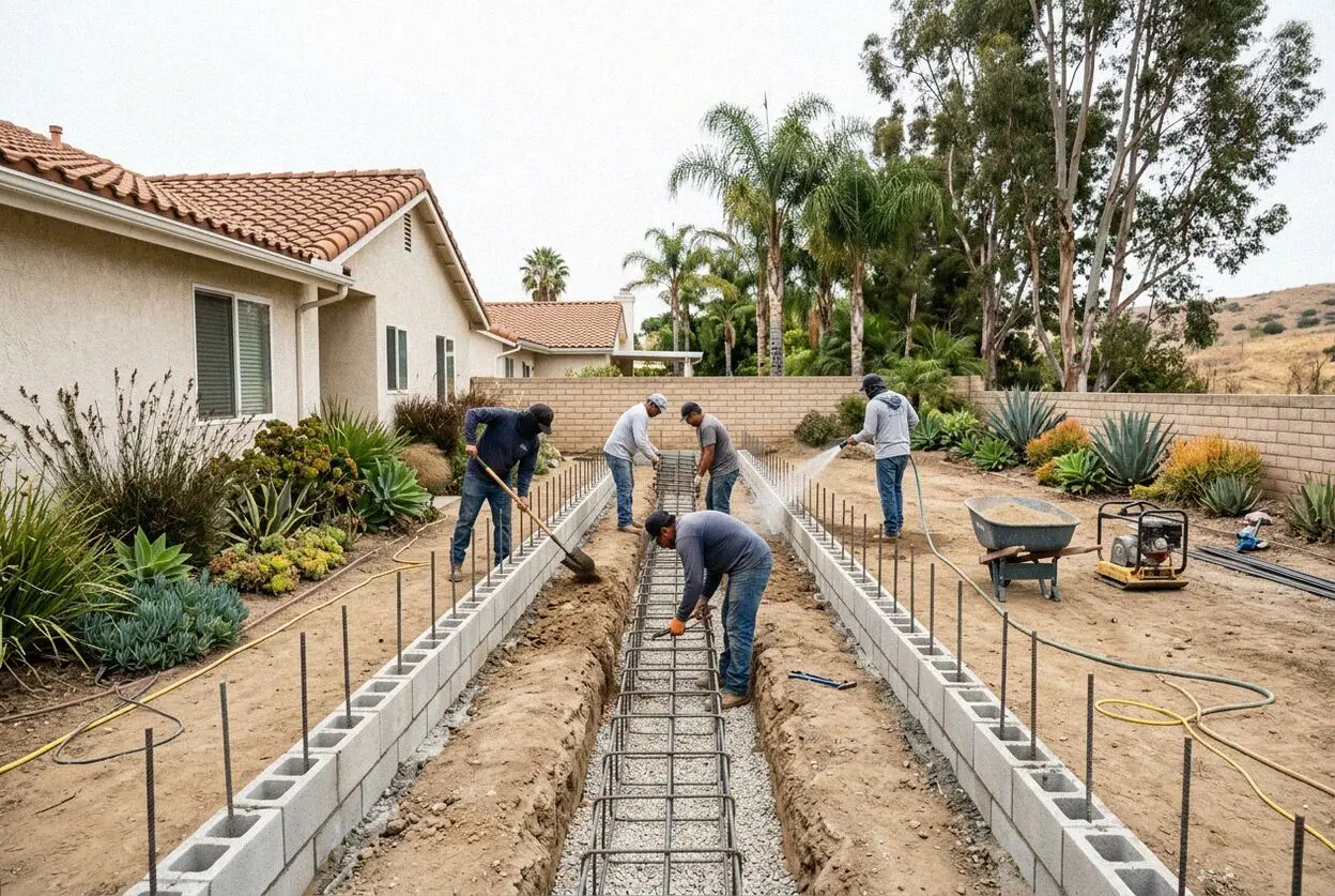 Crew tying rebar in an open footing trench behind a Mission Viejo home