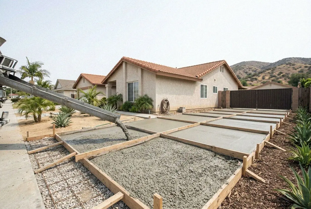 New concrete addition slab behind a 1960s tract house in Fountain Valley
