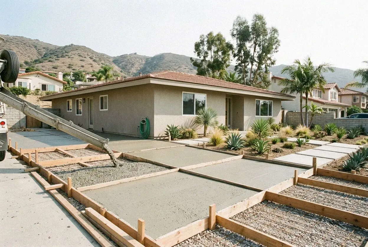A concrete retaining wall and steps on a canyon lot in Laguna Beach