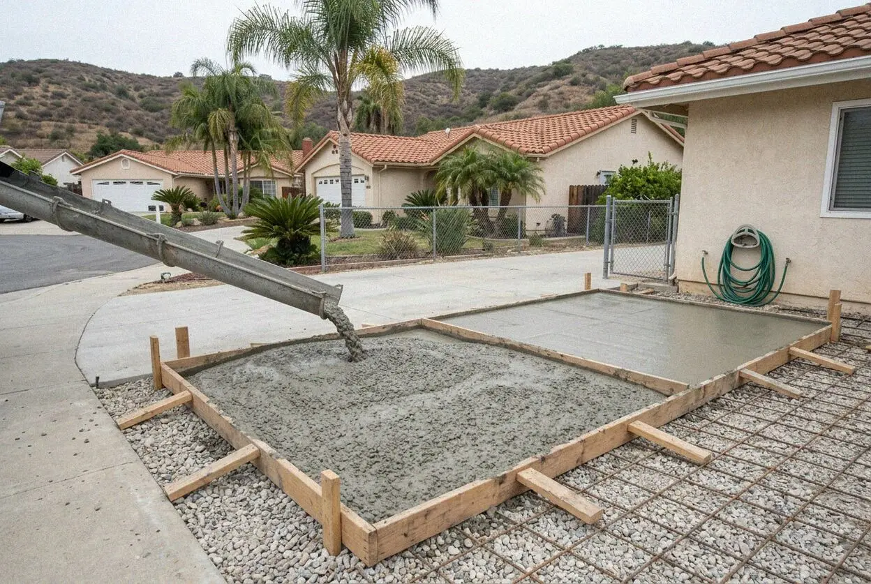 A new concrete pool deck above a graded slope behind a Laguna Niguel home