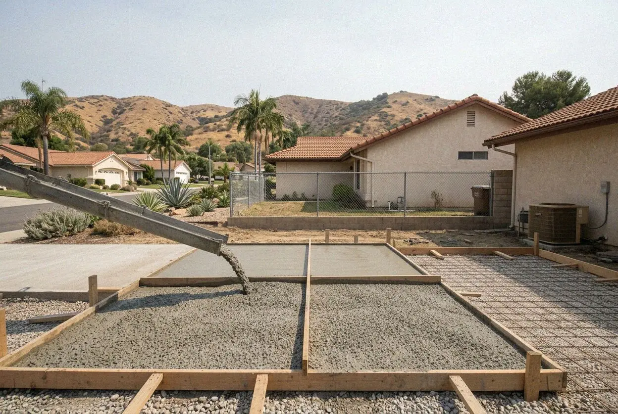 A crew replacing a patio slab behind a manor in Laguna Woods Village