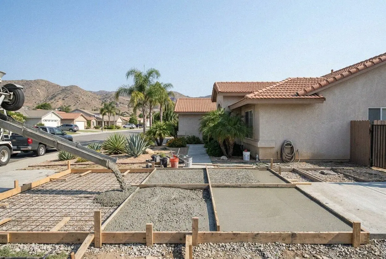 A concrete driveway poured at dawn on a hill street above Lake Elsinore