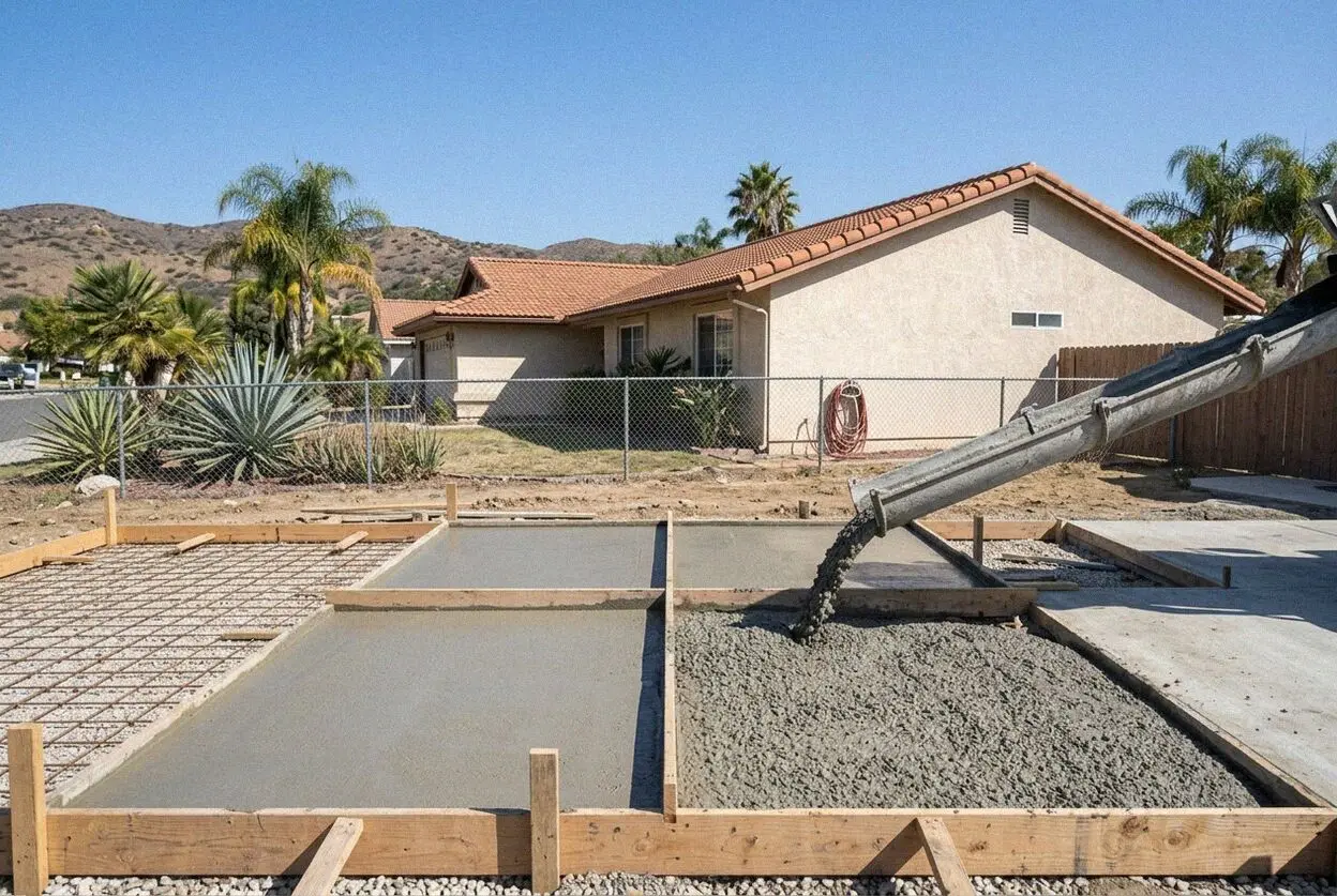 A new concrete driveway between eucalyptus trees at a Lake Forest home