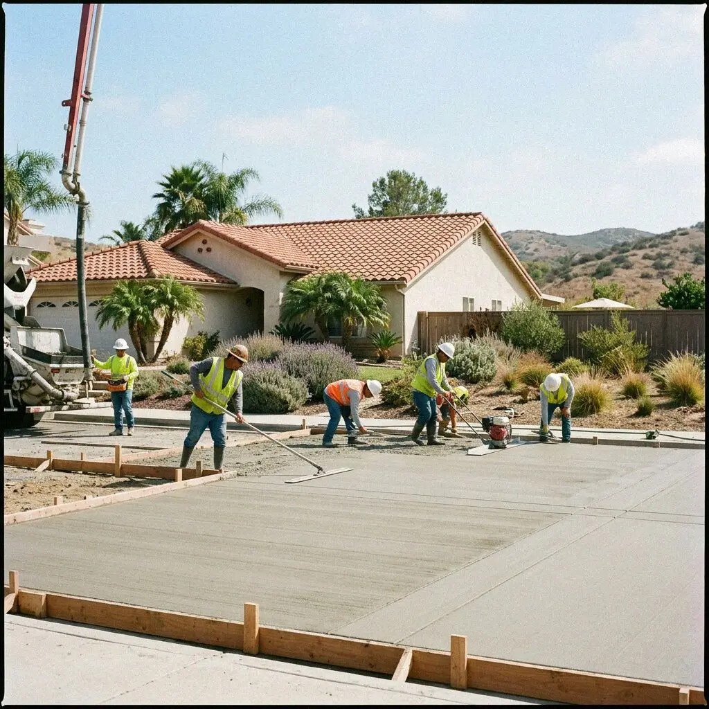 Crew finishing a concrete pool deck behind a Mission Viejo home