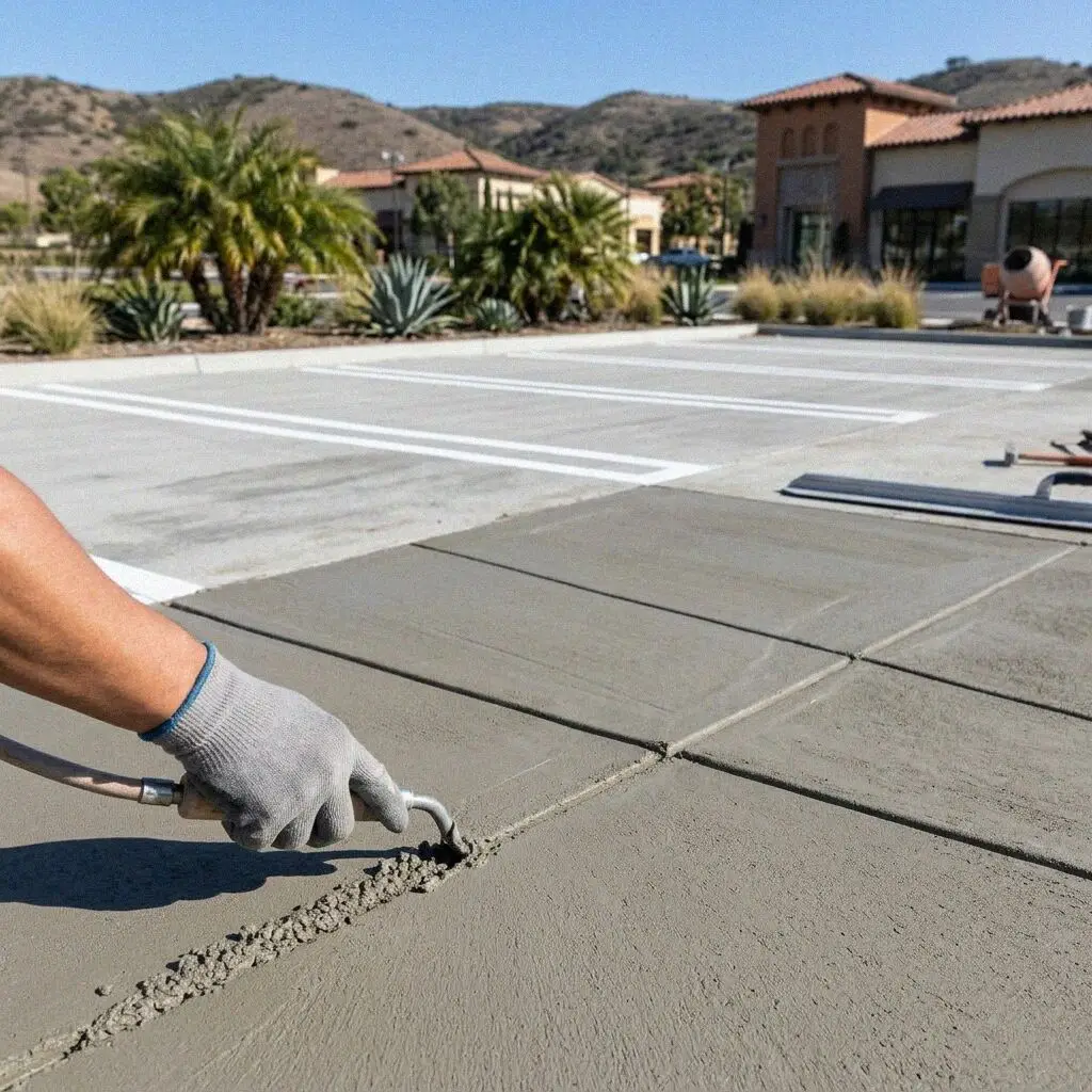 Screeding fresh concrete between forms on a Mission Viejo parking lot