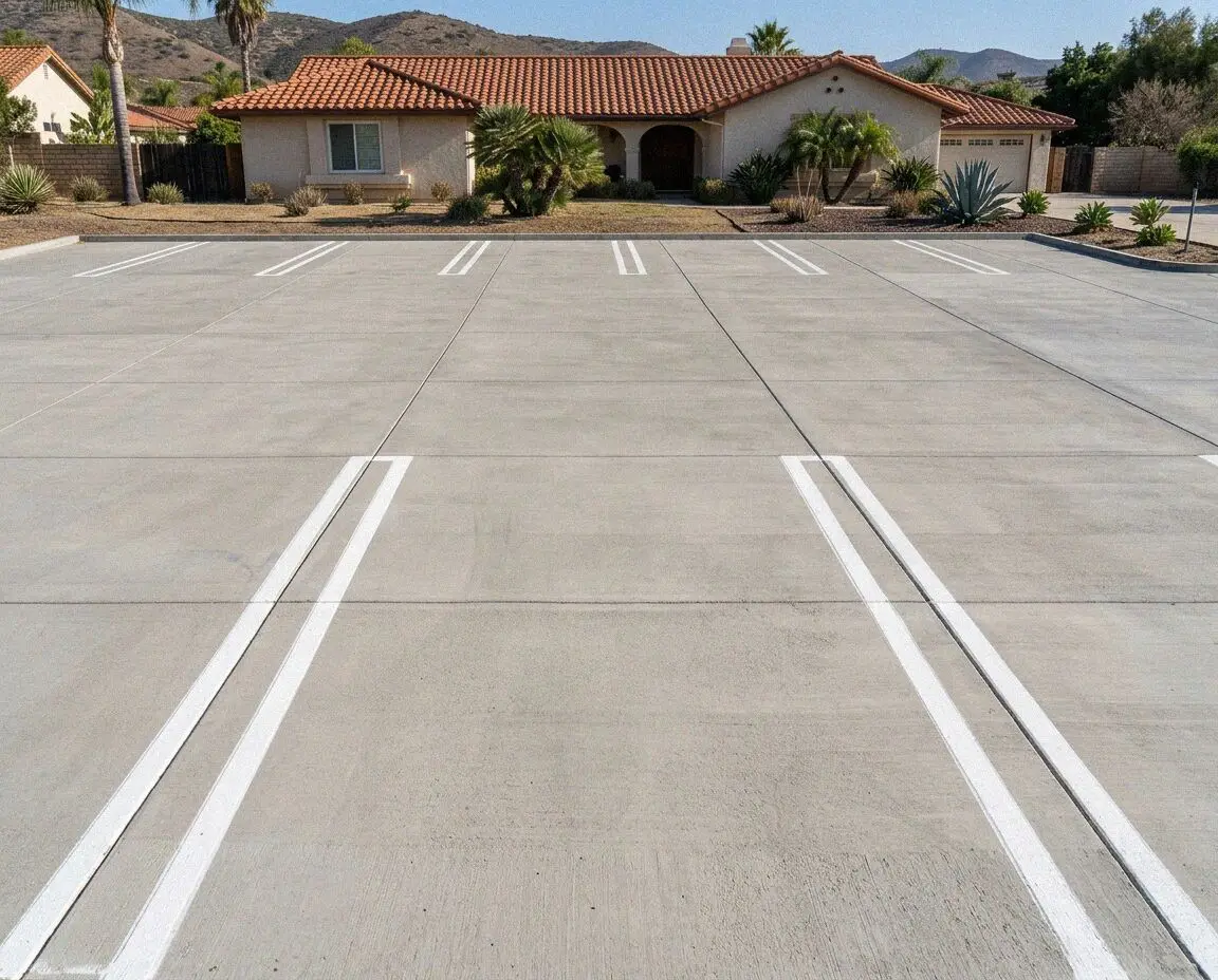Newly poured concrete parking lot with striped stalls in Mission Viejo