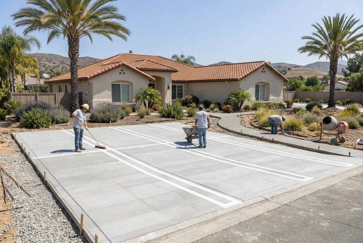 Crew pouring a concrete parking lot at a Mission Viejo shopping center