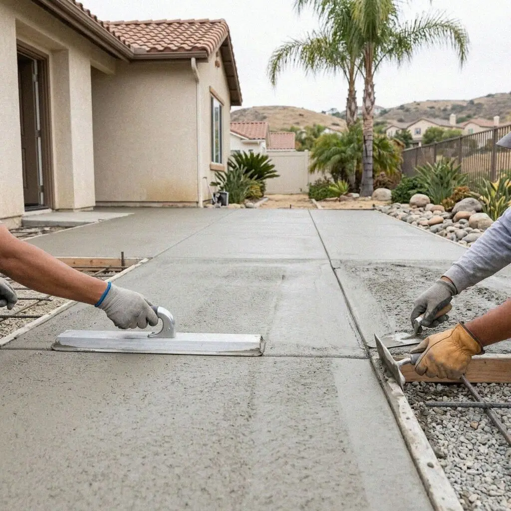 Hands floating the edge of a fresh patio slab at a Mission Viejo home
