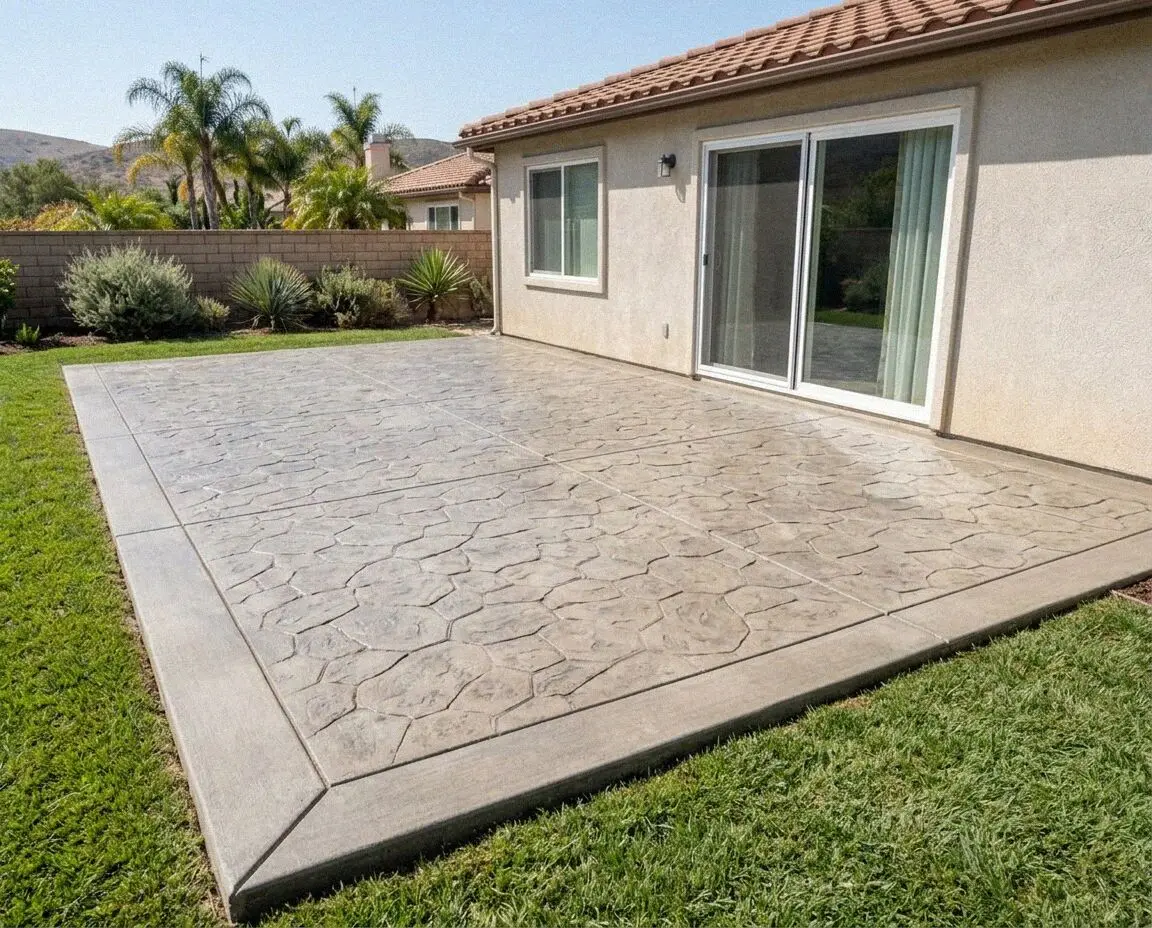 Newly poured concrete patio behind a Mission Viejo tract home