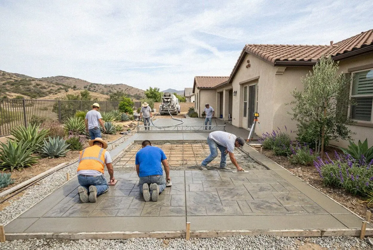 Crew placing concrete for a rear patio behind a Mission Viejo home
