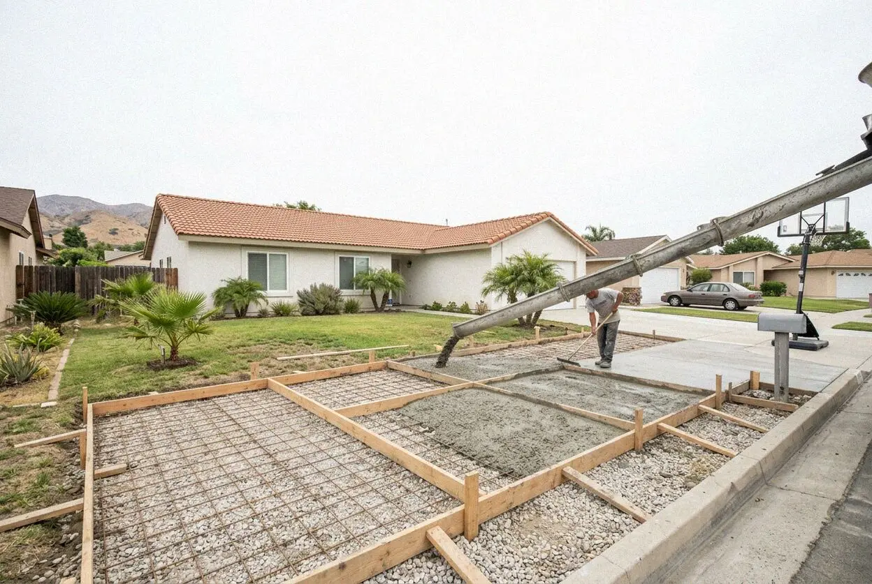 A new concrete driveway at a 1960s tract house on a flat Placentia street