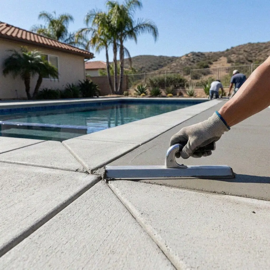 Trowel working the edge of a fresh pool deck at a Mission Viejo coping