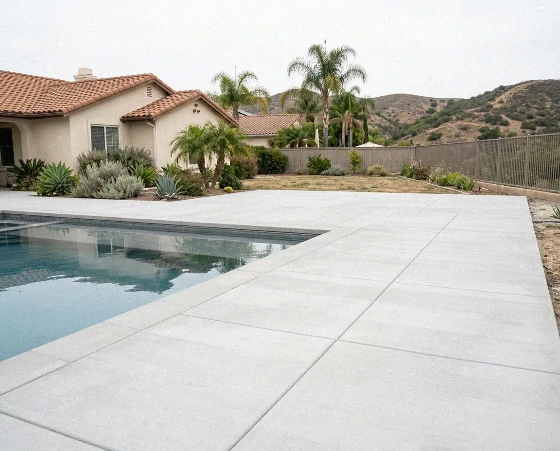 Salt-finish concrete pool deck around a Mission Viejo backyard pool