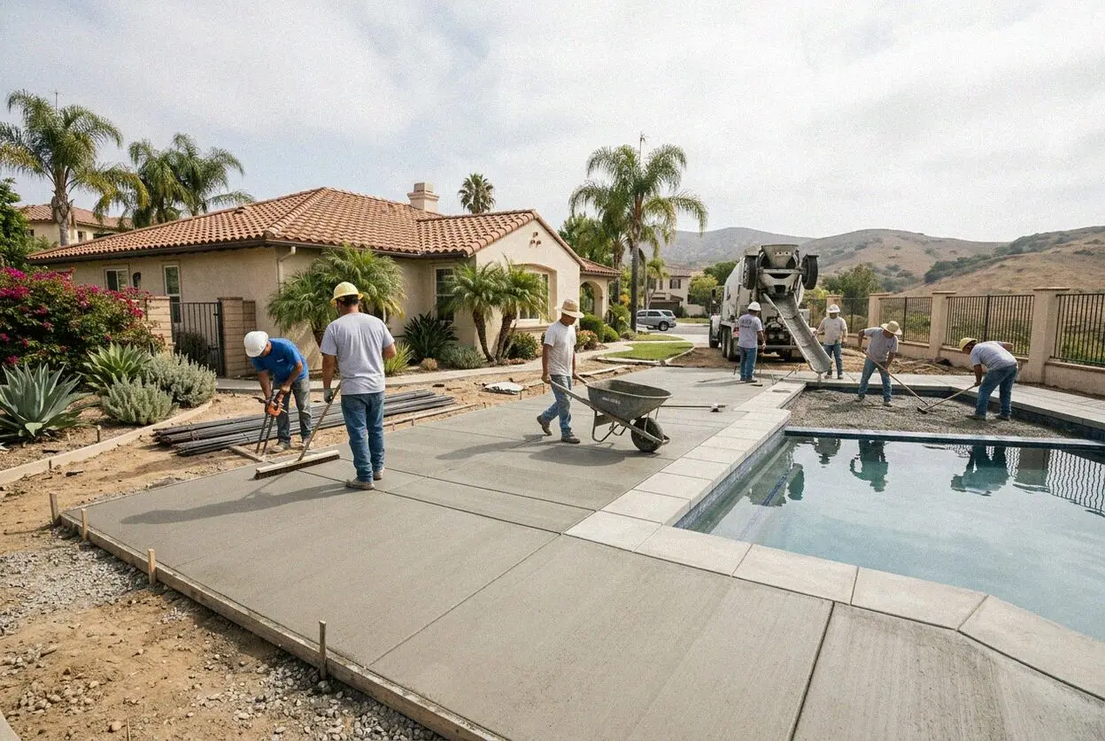 Concrete pool deck being poured behind a hillside home in Mission Viejo, CA