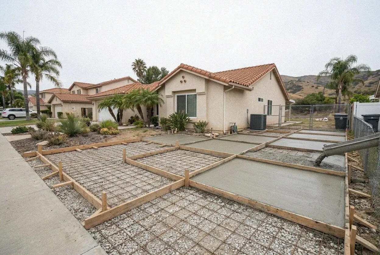 A new concrete patio behind a 1990s house in Rancho Santa Margarita