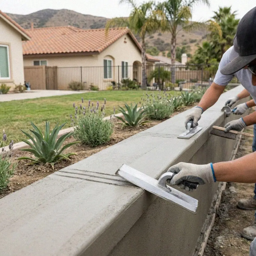 Hands tying rebar in a retaining wall footing at a Mission Viejo home