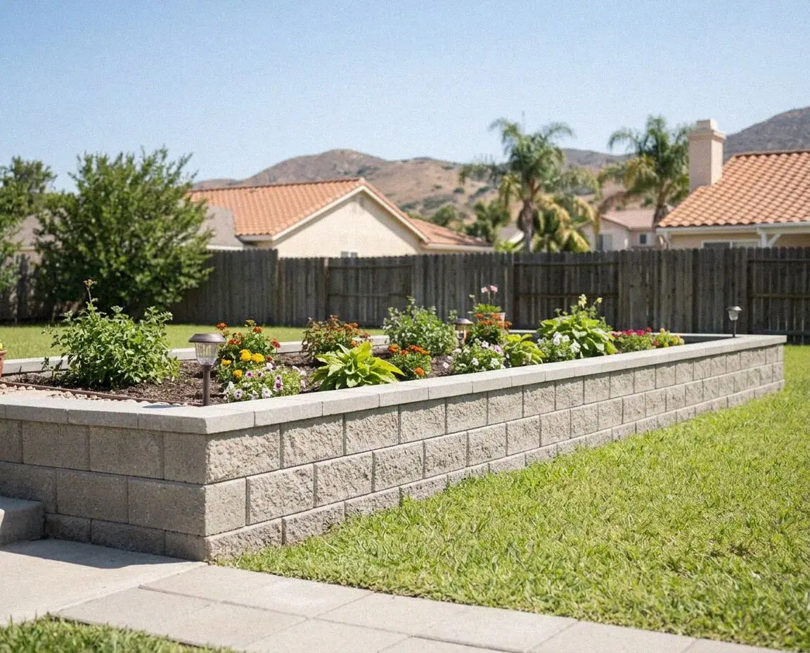 New concrete retaining wall holding a rear slope at a Mission Viejo home