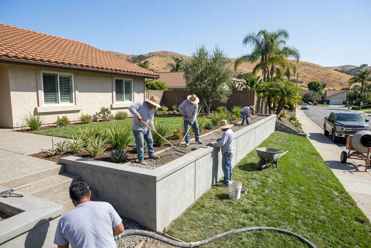 Crew pouring a concrete retaining wall at the rear of a Mission Viejo pad