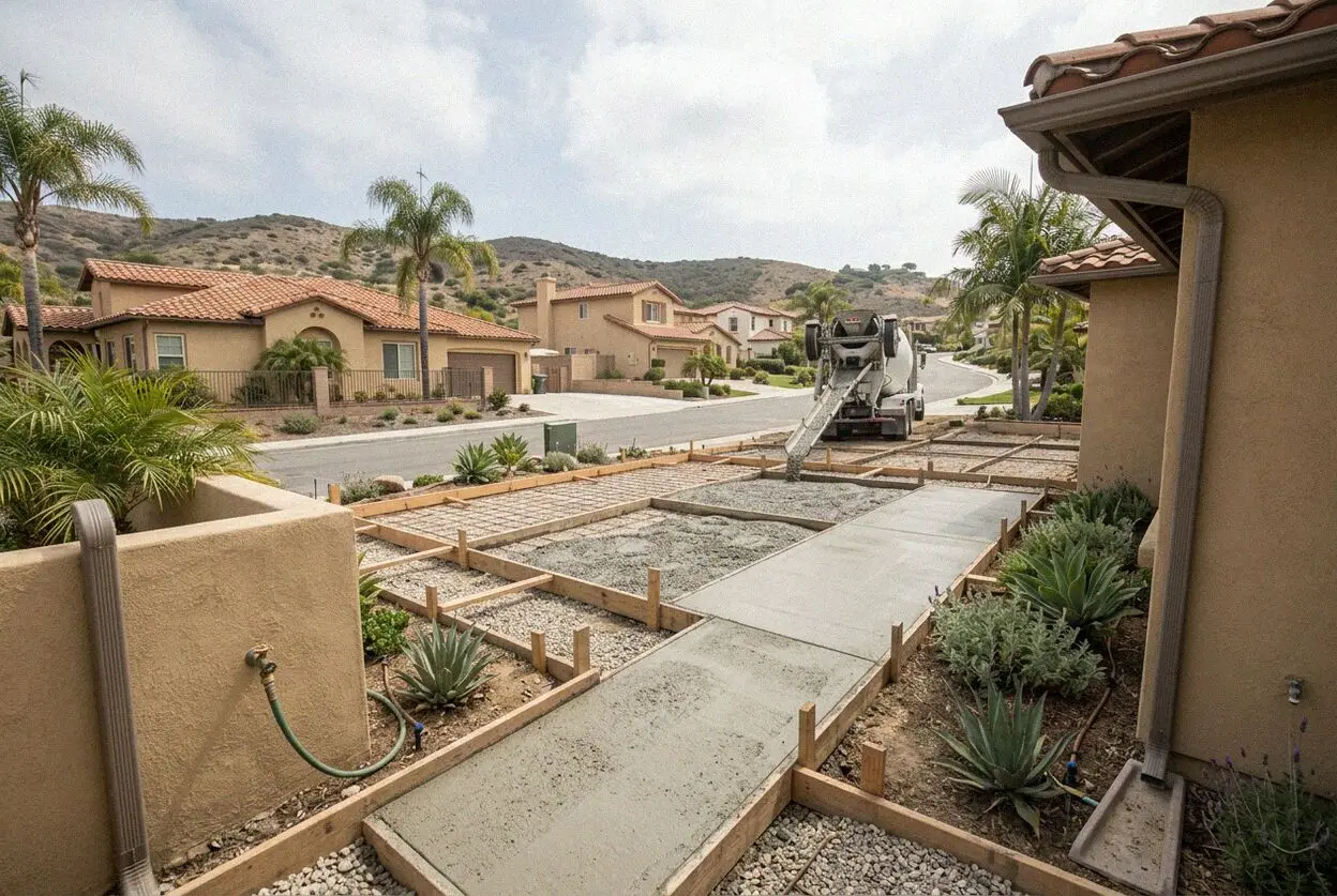 A new concrete driveway at a white stucco house on a San Clemente hill