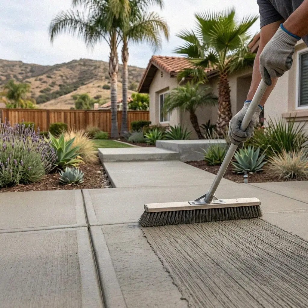 Hands brooming a fresh concrete walk beside a Mission Viejo front step
