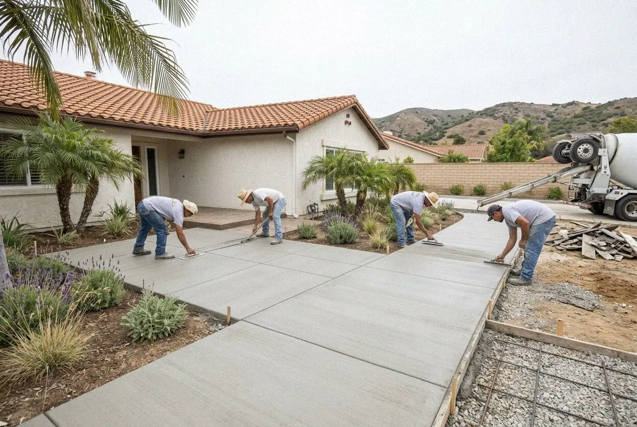 Crew forming a new concrete entry walk up a sloped front yard in Mission Viejo