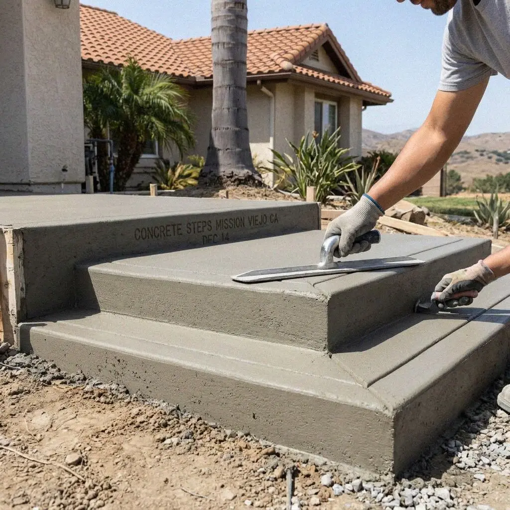 Hands setting a riser form for new concrete steps in Mission Viejo