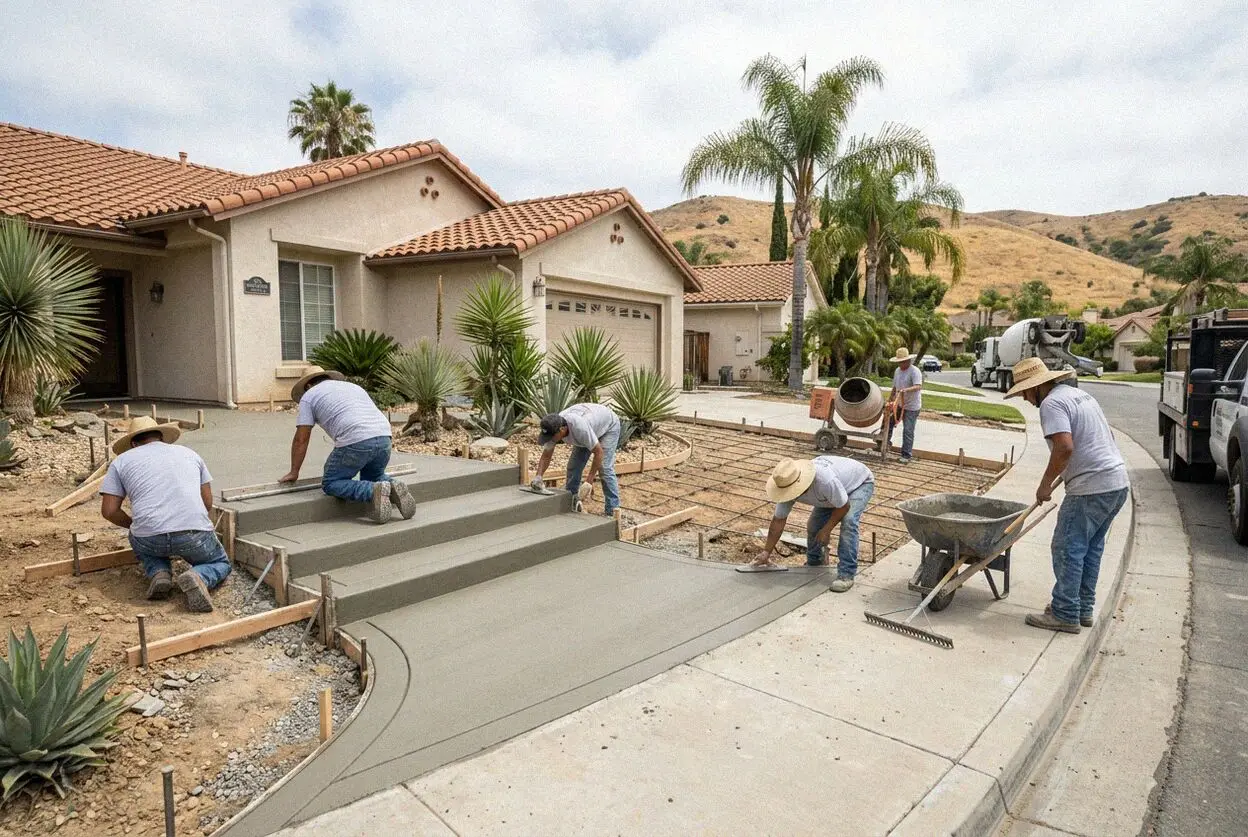 Concrete steps being formed up a sloped front yard in Mission Viejo, CA
