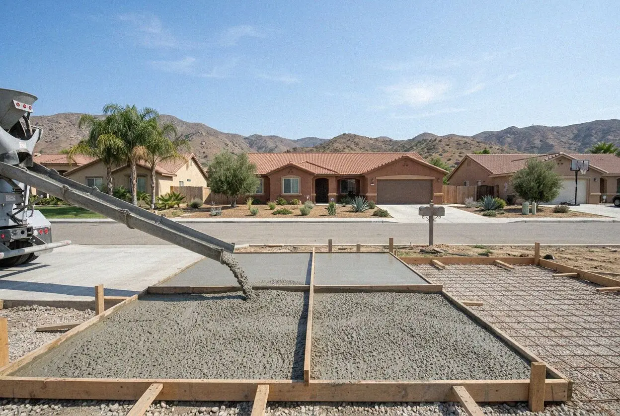 New concrete patio behind a 2000s home in Sycamore Creek, Temescal Valley