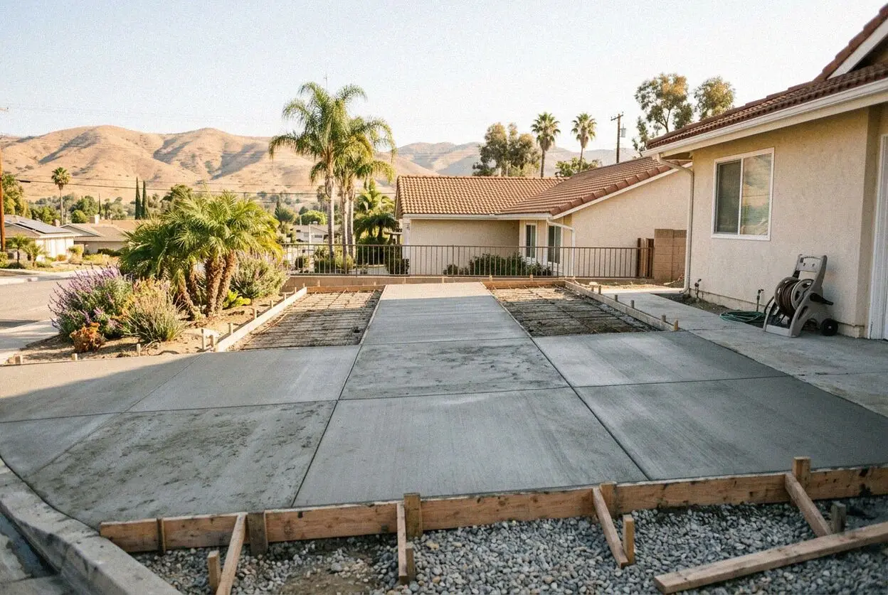 A new concrete driveway at a 1990s Tustin Ranch tract home in Tustin