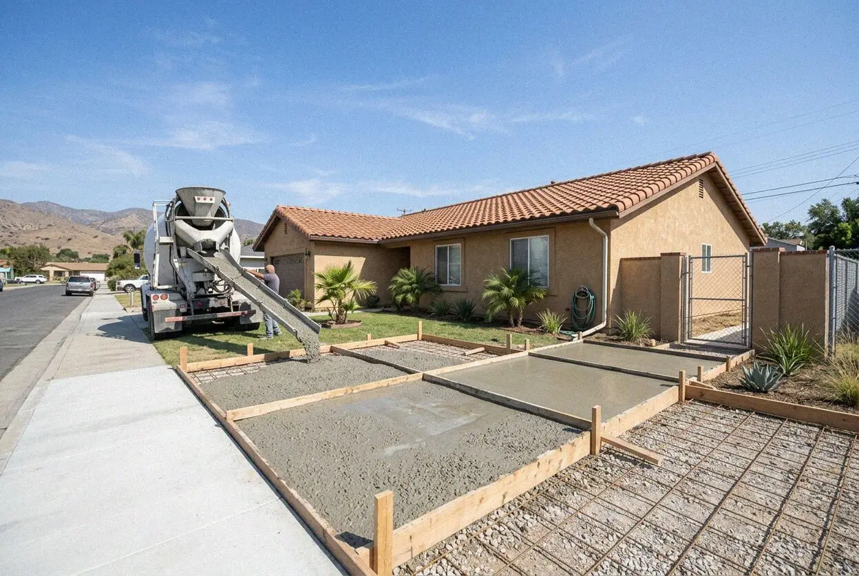 A concrete slab for a backyard unit behind a 1960s house in Westminster