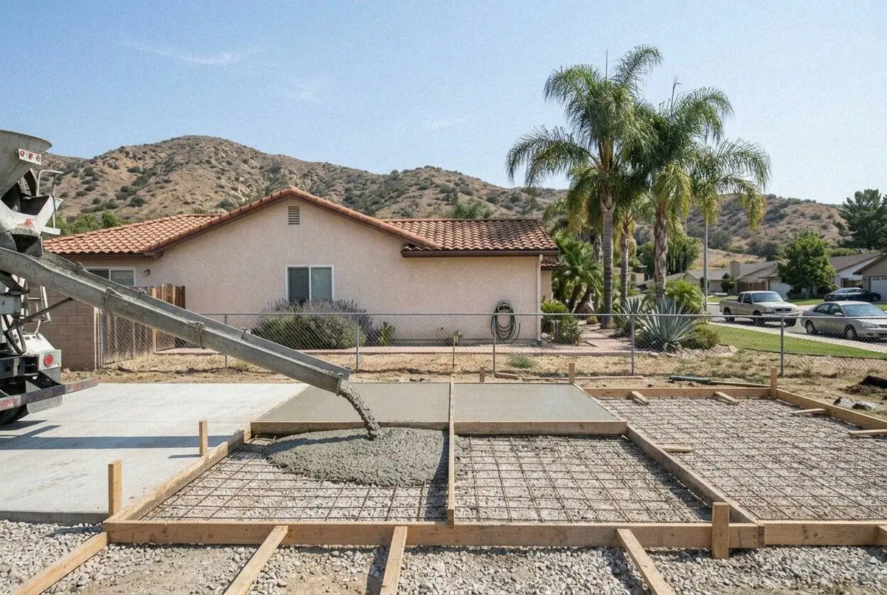 A concrete pool deck on a hillside pad in East Lake Village, Yorba Linda