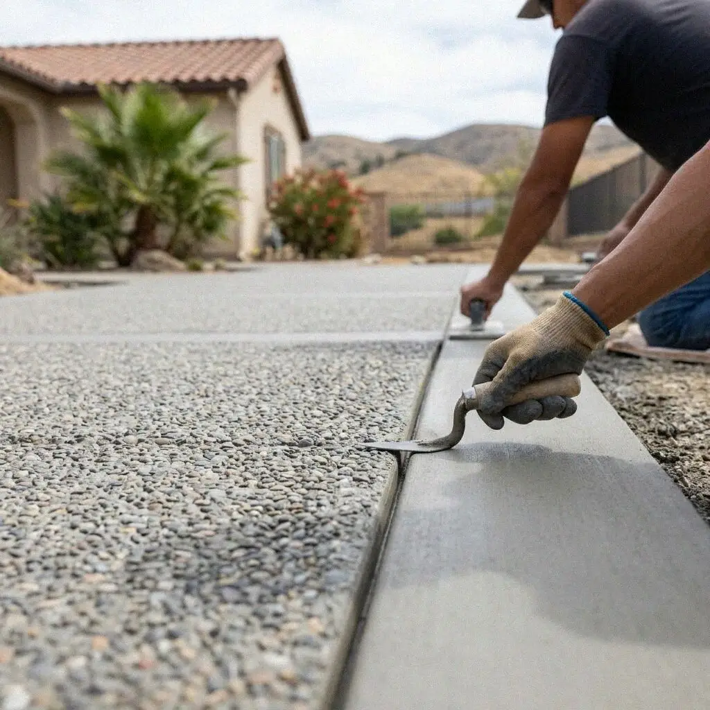 Hands seeding river stone into a fresh aggregate slab in Mission Viejo
