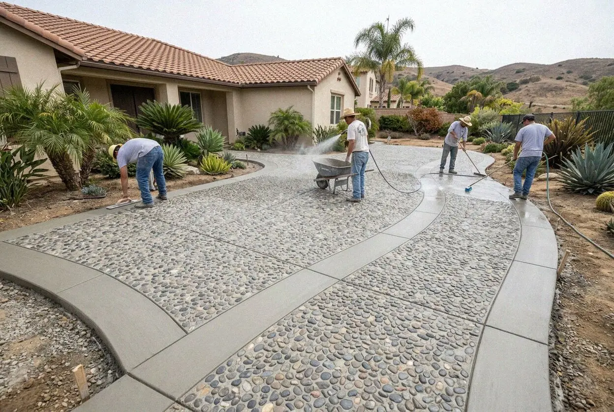 Crew washing the stone proud on a new exposed aggregate walk in Mission Viejo