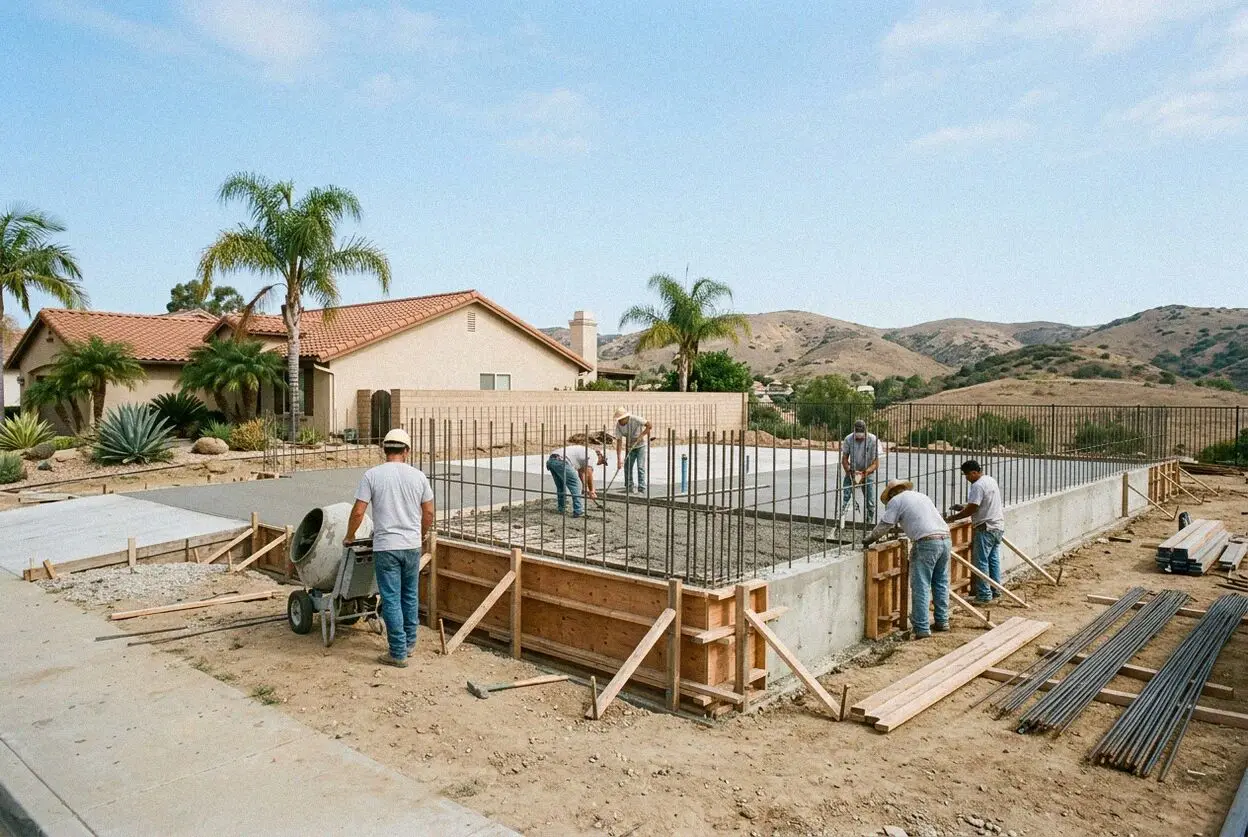 Crew setting stem wall forms on a sloping lot behind a Mission Viejo home