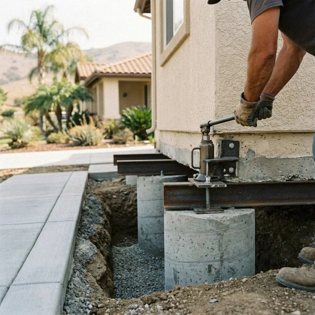 Ram driving a steel pier under an exposed house footing in Mission Viejo