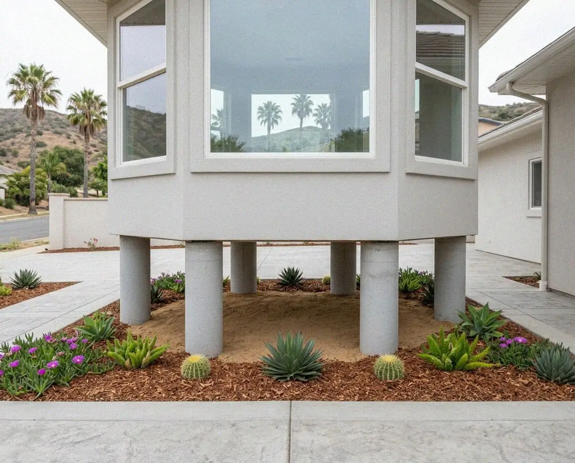House corner on steel piers, the fill dug away beneath, Mission Viejo