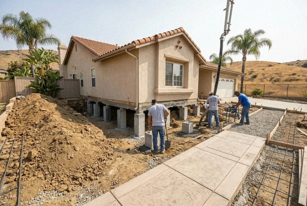 Steel pier being driven under the rear footing of a Mission Viejo home