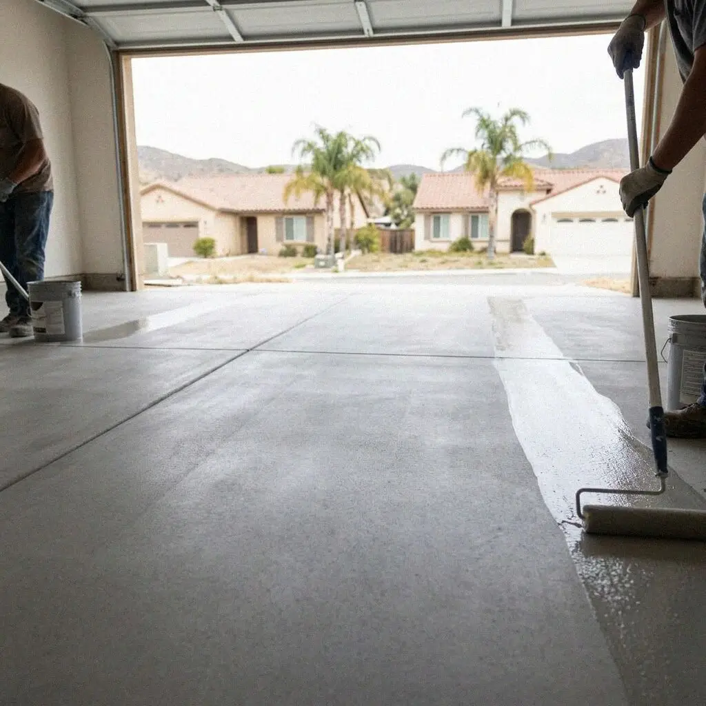 Hands running a steel trowel over a fresh garage floor in Mission Viejo