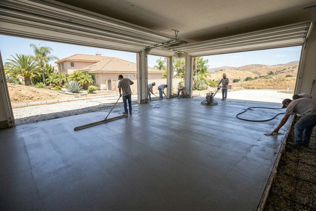 Crew screeding a new concrete garage floor at a Mission Viejo tract home
