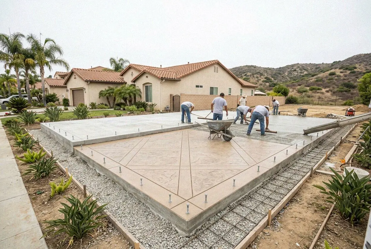 Crew placing rebar for an ADU slab foundation behind a Mission Viejo home