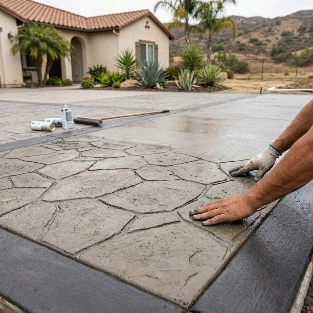 Hands lifting a texture mat off a colored stamped slab in Mission Viejo